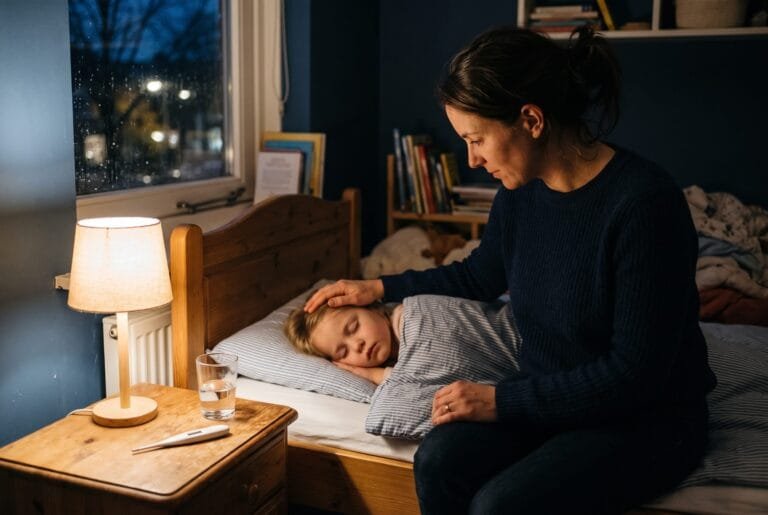 Ouder legt een hand op het voorhoofd van een ziek kind in bed bij het licht van een nachtlampje