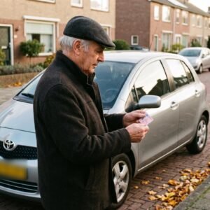 Oudere man bekijkt zijn rijbewijspasje naast zijn geparkeerde auto in een herfstige woonstraat