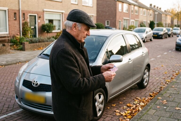 Oudere man bekijkt zijn rijbewijspasje naast zijn geparkeerde auto in een herfstige woonstraat