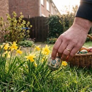 Hand legt een gekleurd ei tussen gele narcissen in het gras van een tuin in het vroege ochtendlicht