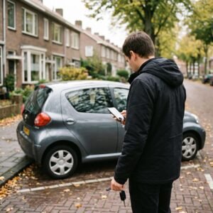 Persoon van achteren gezien met telefoon en autosleutel naast een kleine grijze auto in een woonstraat in de herfst