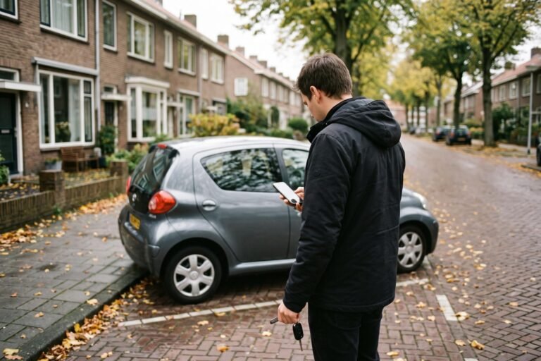 Persoon van achteren gezien met telefoon en autosleutel naast een kleine grijze auto in een woonstraat in de herfst