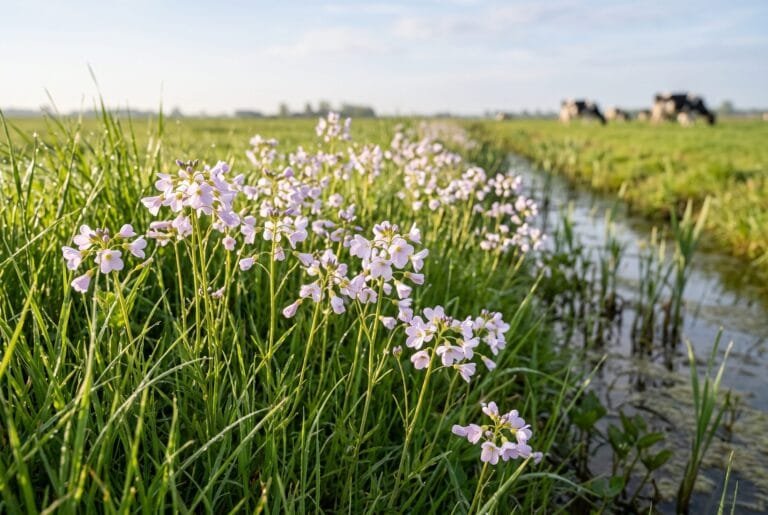 Lichtpaarse pinksterbloemen in het gras langs een slootkant met koeien onscherp op de achtergrond in mei