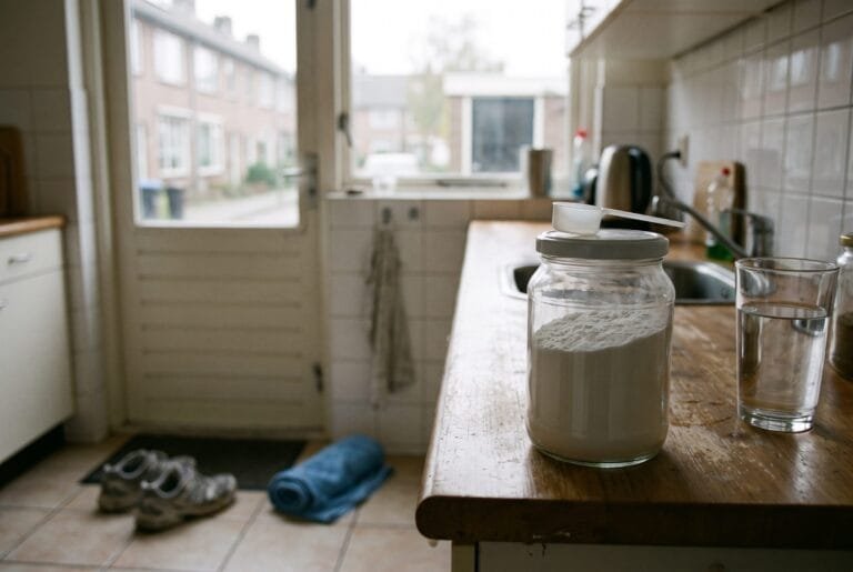 Pot zonder etiket met wit poeder en een maatschepje naast een glas water op een houten aanrecht