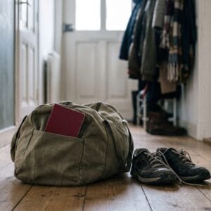 Reistas op een houten gangvloer met een dichtgeslagen donkerrood boekje half in het zijvak naast een paar wandelschoenen