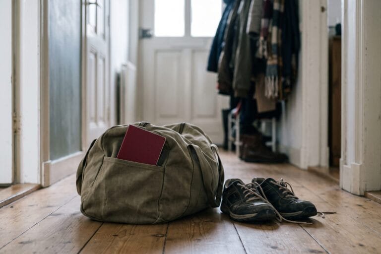 Reistas op een houten gangvloer met een dichtgeslagen donkerrood boekje half in het zijvak naast een paar wandelschoenen