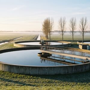 Ronde bassins van een rioolwaterzuivering in een vlak polderlandschap op een heldere winterochtend