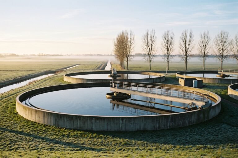 Ronde bassins van een rioolwaterzuivering in een vlak polderlandschap op een heldere winterochtend