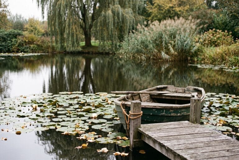 Houten roeiboot aan een steiger in een stille vijver met waterlelies en een treurwilg in de herfst