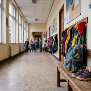Rugzak en gymschoenen op een bankje in de gang van een basisschool met jassen aan de kapstok