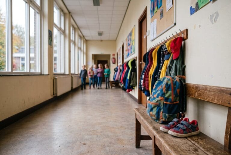 Rugzak en gymschoenen op een bankje in de gang van een basisschool met jassen aan de kapstok