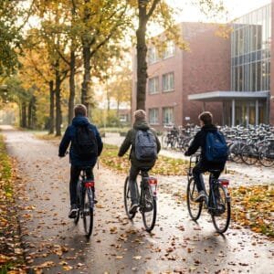 Scholieren met rugzakken fietsen op een herfstochtend naar een middelbare school met een volle fietsenstalling