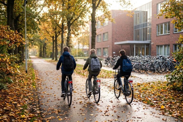 Scholieren met rugzakken fietsen op een herfstochtend naar een middelbare school met een volle fietsenstalling