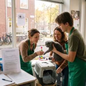 Twee vrijwilligers in een dierenasiel geven een grijze kat met gevouwen oren aan een vrouw, de reismand staat klaar