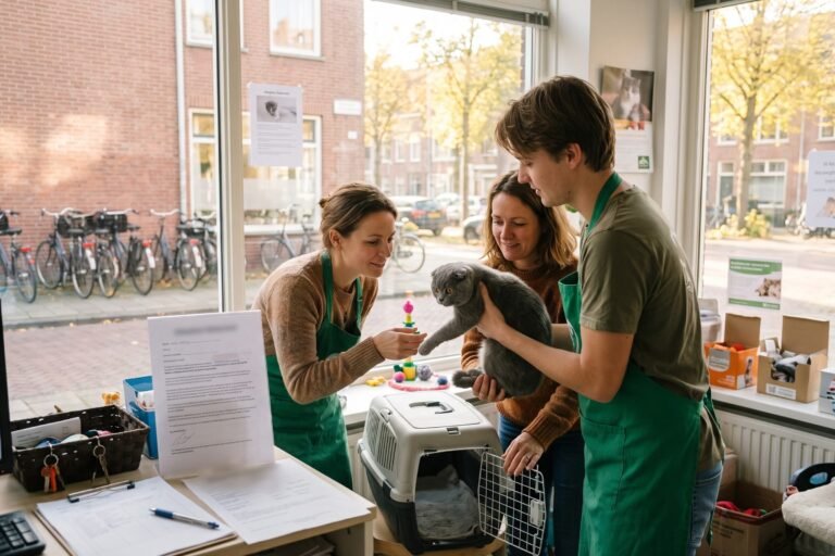 Twee vrijwilligers in een dierenasiel geven een grijze kat met gevouwen oren aan een vrouw, de reismand staat klaar