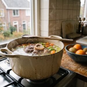 Soeppan met runderschenkel en groente op het fornuis naast een schaal met sinaasappels en kiwi