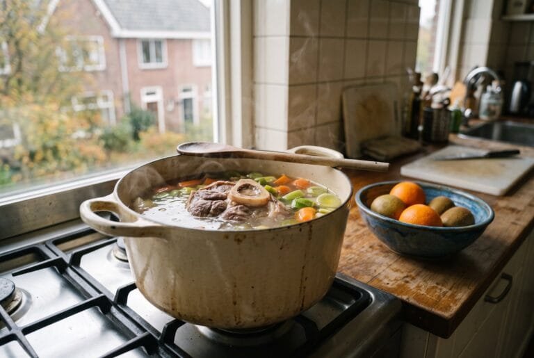 Soeppan met runderschenkel en groente op het fornuis naast een schaal met sinaasappels en kiwi