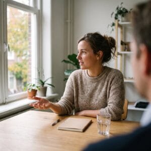 Vrouw vertelt met een open hand iets aan een gesprekspartner aan een houten tafel in een licht kantoor