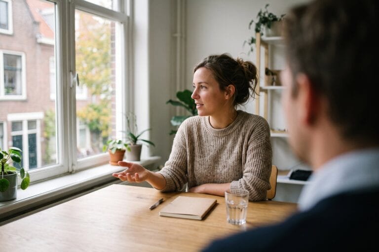Vrouw vertelt met een open hand iets aan een gesprekspartner aan een houten tafel in een licht kantoor