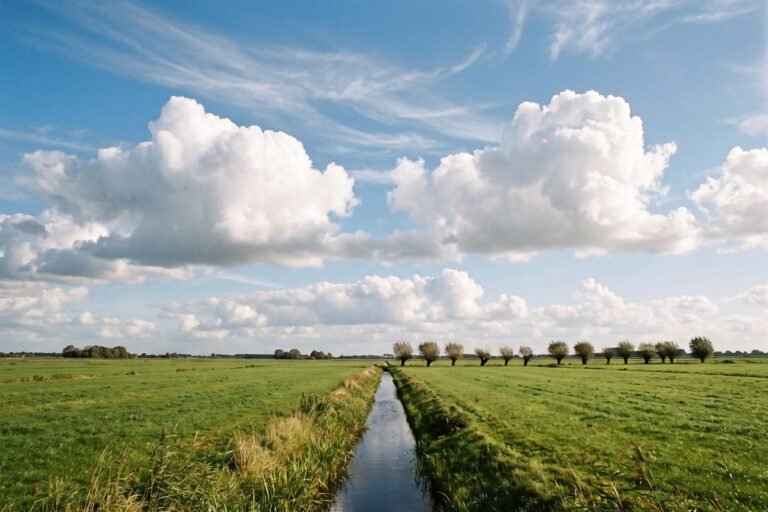 Witte stapelwolken met platte onderkant boven een groen weiland met een sloot en knotwilgen