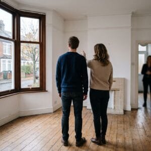 Stel staat met de rug naar de camera in een lege woonkamer met houten vloer, de makelaar wacht in de deuropening