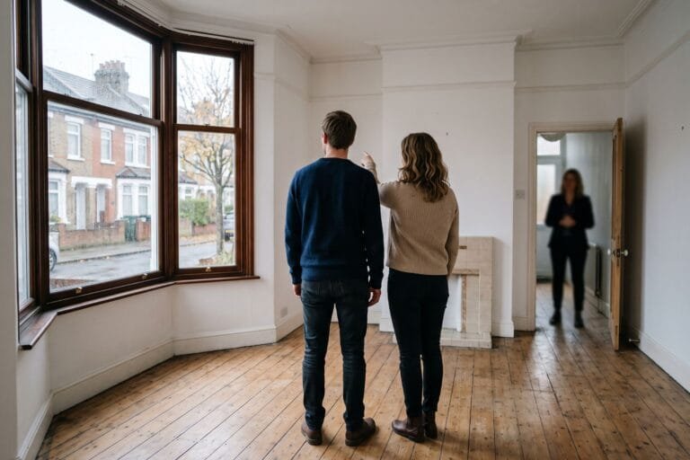 Stel staat met de rug naar de camera in een lege woonkamer met houten vloer, de makelaar wacht in de deuropening
