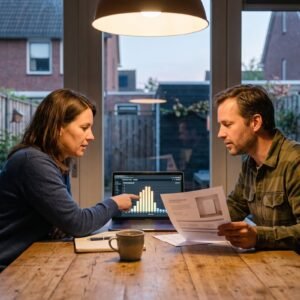 Stel bekijkt aan de keukentafel het stroomverbruik per uur op een laptop, naast een offerte voor een thuisbatterij