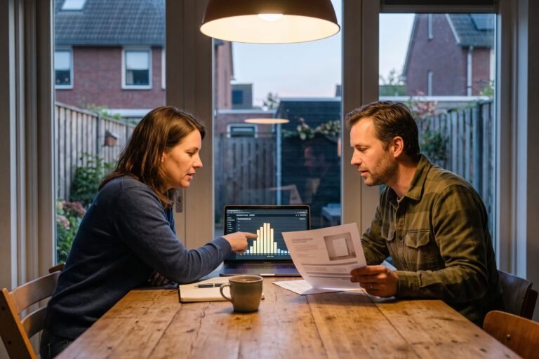 Stel bekijkt aan de keukentafel het stroomverbruik per uur op een laptop, naast een offerte voor een thuisbatterij