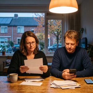 Stel aan de eettafel leest een brief en bekijkt op een telefoon wat er volgend jaar verandert