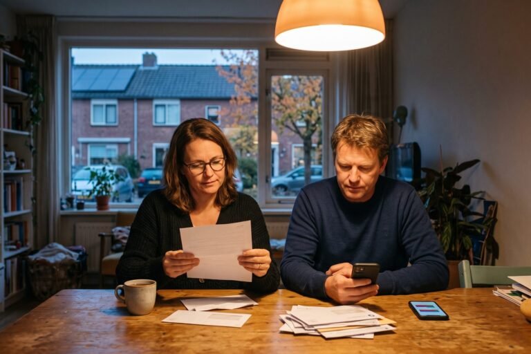 Stel aan de eettafel leest een brief en bekijkt op een telefoon wat er volgend jaar verandert