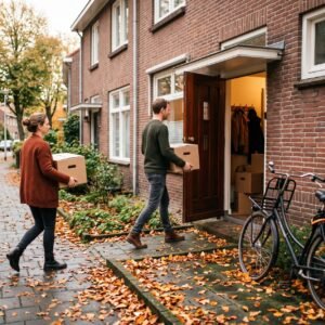 Man en vrouw dragen verhuisdozen naar de voordeur van een rijtjeshuis op een herfstmiddag vol gevallen blad