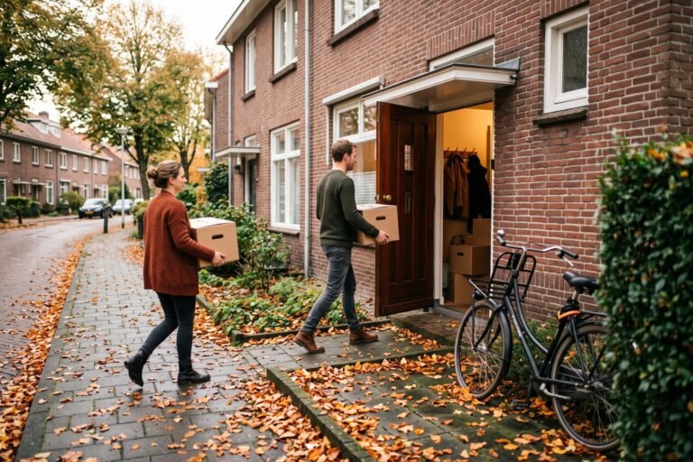 Man en vrouw dragen verhuisdozen naar de voordeur van een rijtjeshuis op een herfstmiddag vol gevallen blad
