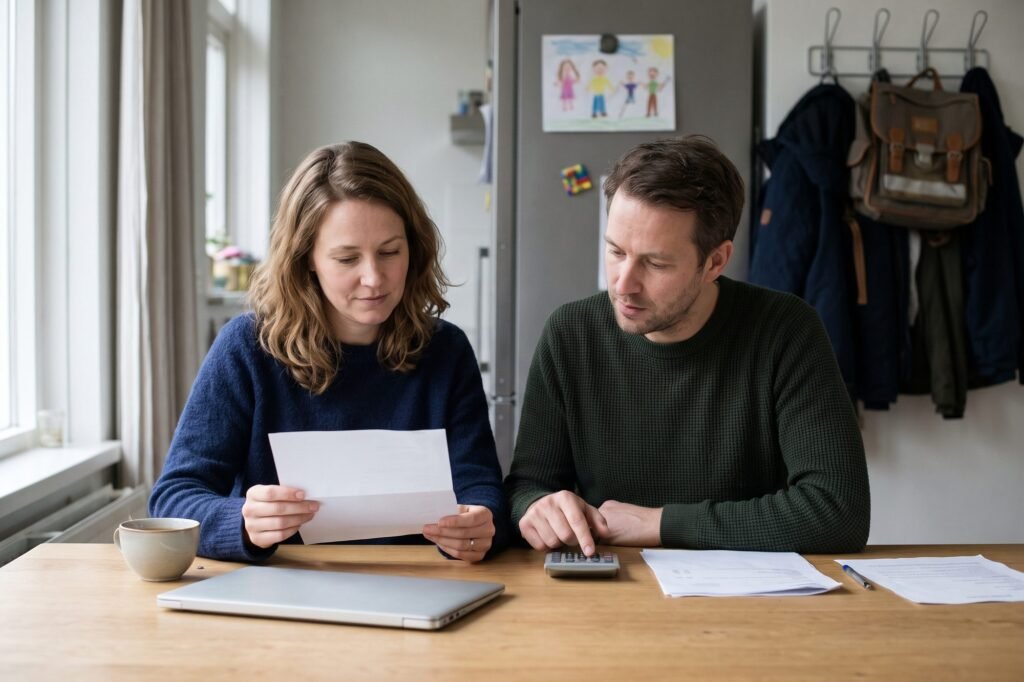 Stel aan de eettafel leest een brief, de man rekent op een rekenmachine