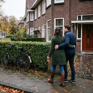 Jong stel staat op de rug gezien met sleutels in de hand op de stoep voor een rijtjeshuis in de herfst
