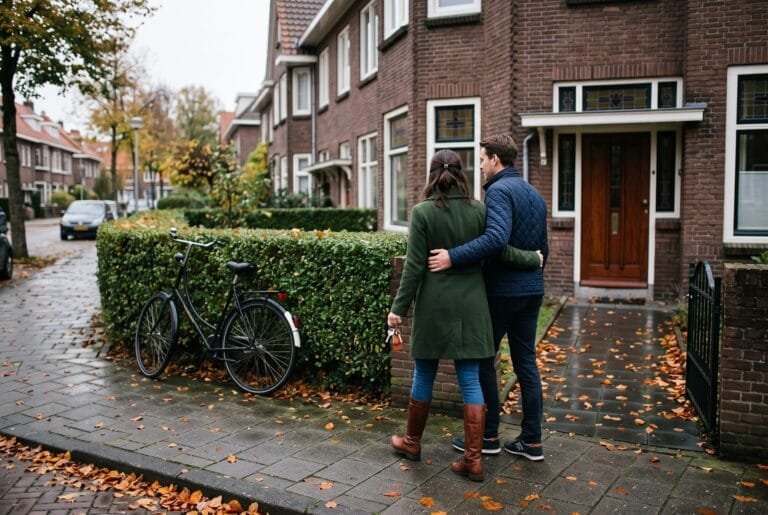 Jong stel staat op de rug gezien met sleutels in de hand op de stoep voor een rijtjeshuis in de herfst