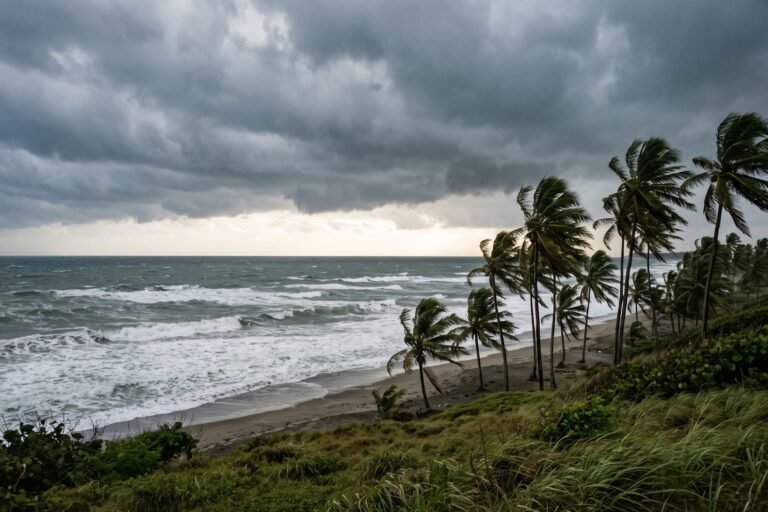 Bewolkte tropische kust met palmbomen in de wind en hoge golven onder een donkere stormlucht