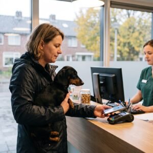 Vrouw met een teckel op haar arm betaalt bij de balie van de dierenarts met haar telefoon