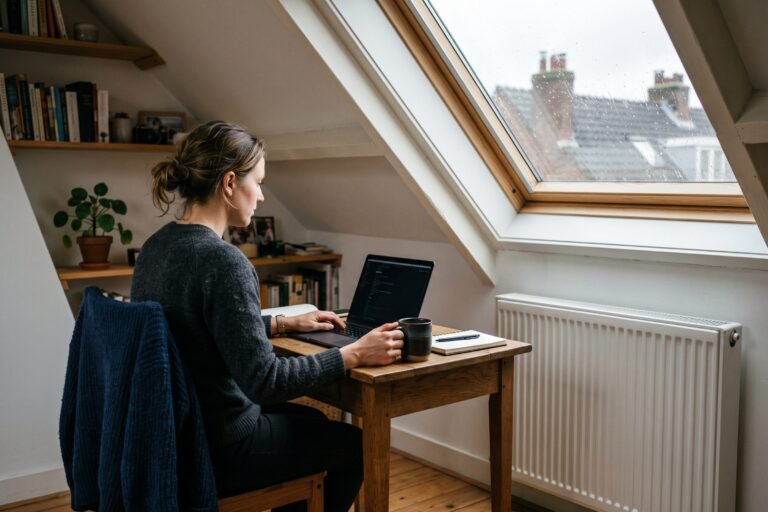 Vrouw werkt met laptop aan een klein bureau op een zolderkamer naast een radiator op een grijze herfstochtend