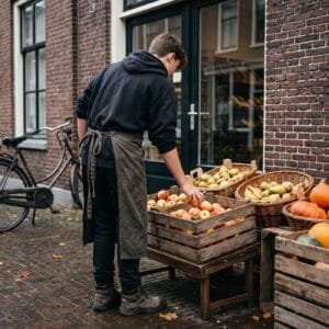 Tiener op de rug gezien legt appels in een houten krat voor een groentewinkel op een herfstochtend