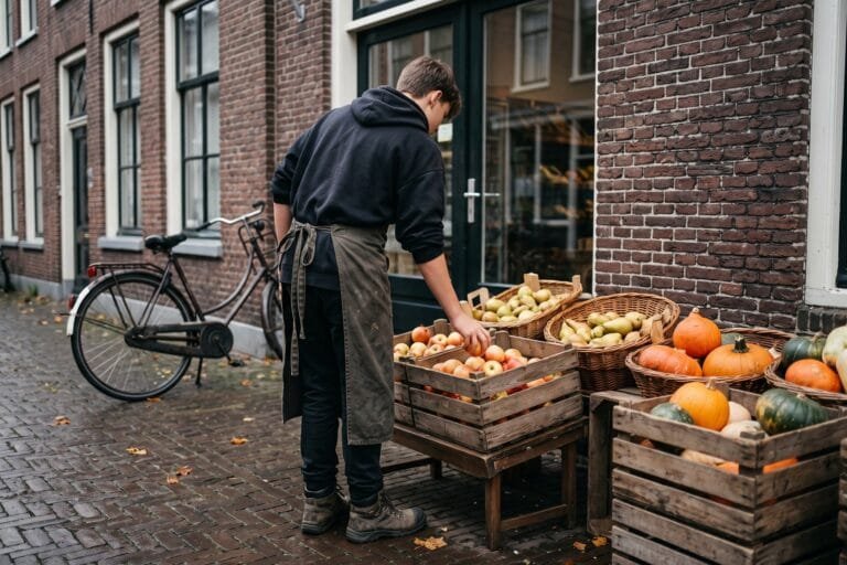 Tiener op de rug gezien legt appels in een houten krat voor een groentewinkel op een herfstochtend