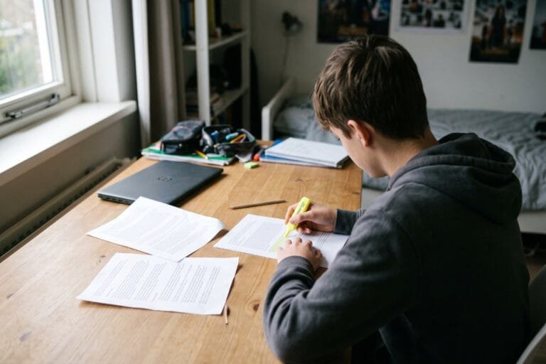 Tiener markeert met een gele stift een zin op een uitgeprinte tekst aan een houten bureau