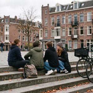 Vier tieners zitten na school op de trappen van een stadsplein en praten met elkaar, met fietsen ernaast