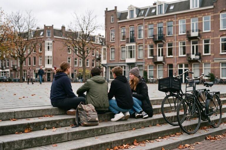 Vier tieners zitten na school op de trappen van een stadsplein en praten met elkaar, met fietsen ernaast