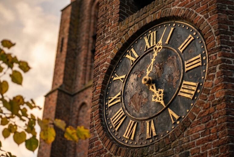 Wijzerplaat van een oude torenklok met vergulde Romeinse cijfers en wijzers in het avondlicht
