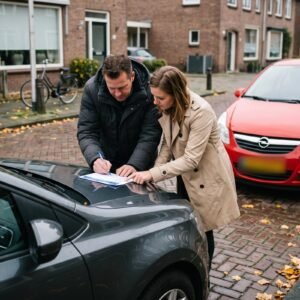 Twee bestuurders vullen samen een schadeformulier in op de motorkap van een auto in een herfstige woonstraat
