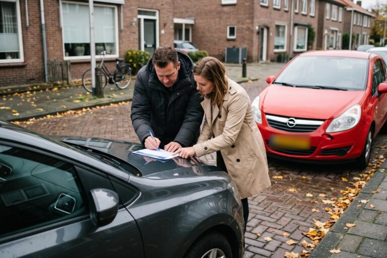 Twee bestuurders vullen samen een schadeformulier in op de motorkap van een auto in een herfstige woonstraat