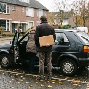Twee mensen van achteren gezien bij het open portier van een gebruikte auto op een parkeerplaats, een van hen met een map