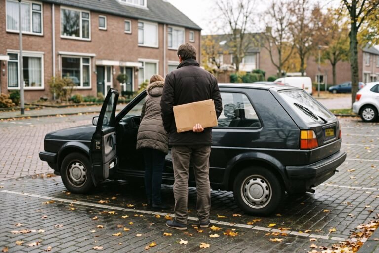 Twee mensen van achteren gezien bij het open portier van een gebruikte auto op een parkeerplaats, een van hen met een map