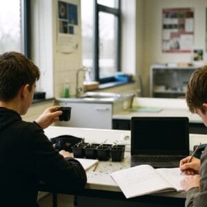 Twee scholieren van achteren gezien vergelijken potjes met kiemplantjes aan een tafel met een laptop