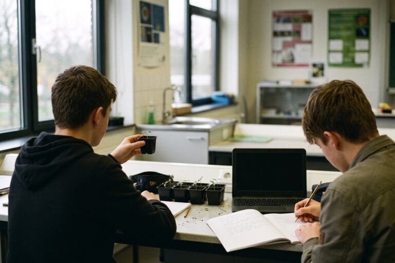 Twee scholieren van achteren gezien vergelijken potjes met kiemplantjes aan een tafel met een laptop